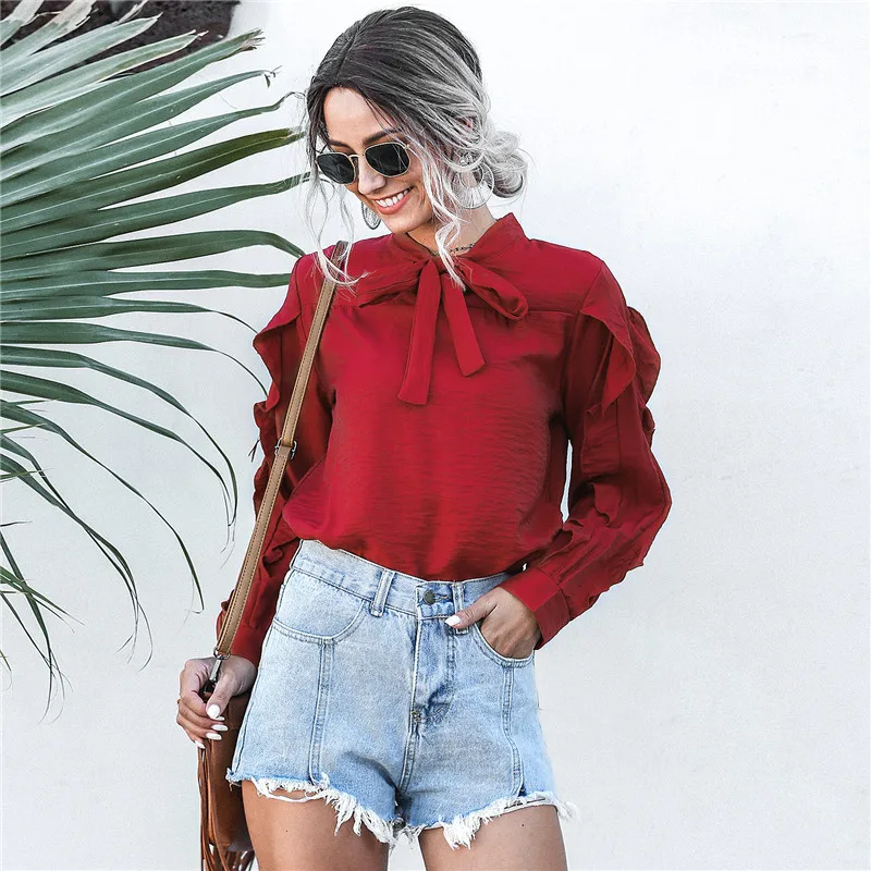 

2021 New Spring Summer Casual Long Sleeve Ruffled Chiffon Shirt Bow Tops Ladies Solid Color Oversize Chic Blouses For All Match