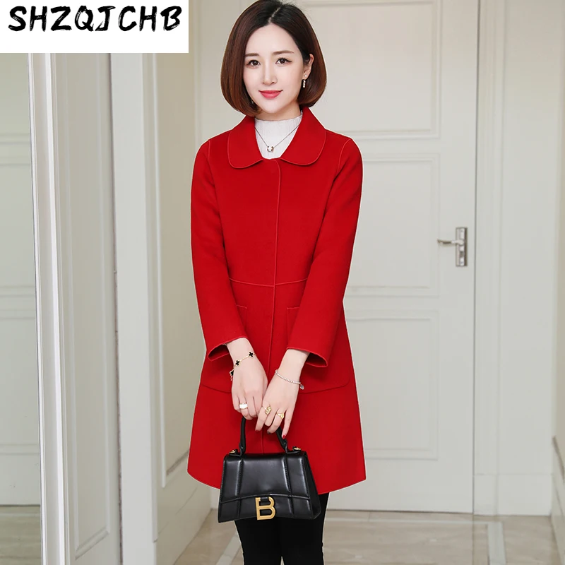 

SHZQ Новое двустороннее кашемировое пальто, женское среднее и длинное приталенное шерстяное пальто с кукольным воротником для весны и осени