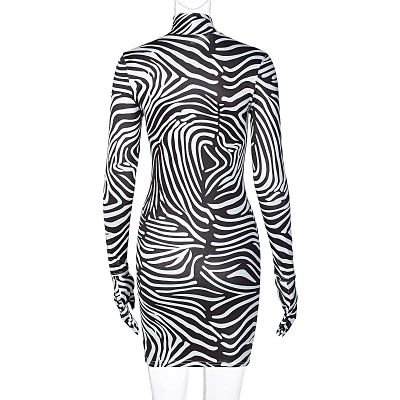 

2020 New Long Sleeve With Gloves Zebra Print Turtleneck Slim Skinny Mini Dress Autumn Winter Women Fashion club Party Outfits