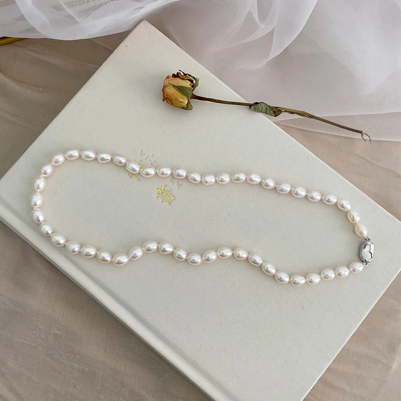 

ASHIQI 7-8mm natural freshwater pearl women's necklace genuine 925 sterling silver buckle white rice-shaped pearl jewelry gift