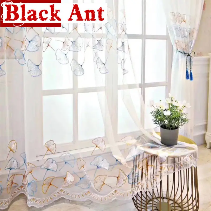 Занавески с цветными вышитыми листьями для гостиной кружевные прозрачные
