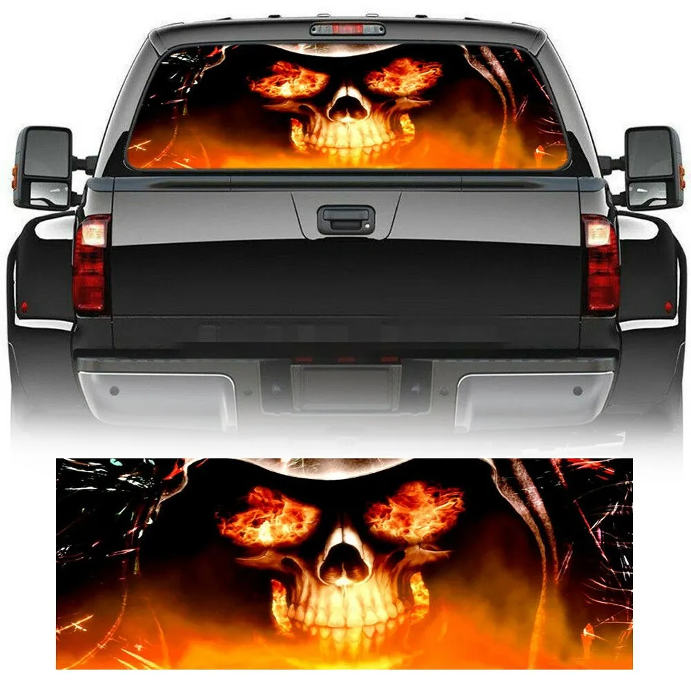 

53In X14In Car Sticker Decal Flaming Skull Pickup Removable Tint Vinyl