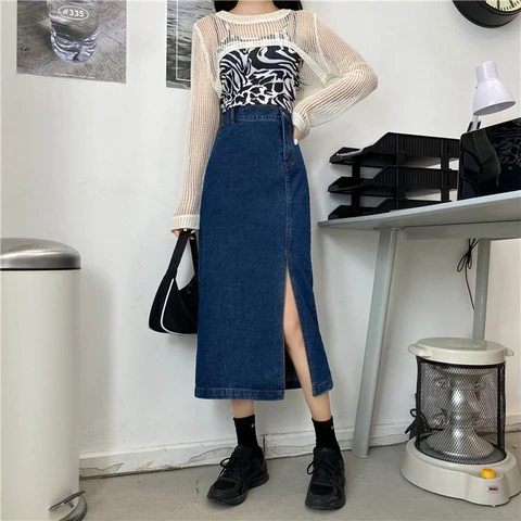 Винтажная синяя джинсовая юбка с высокой талией на весну и осень, соблазнительные Длинные Юбки миди с передним разрезом, Женская прямая юбка в Корейском стиле, джинсы
