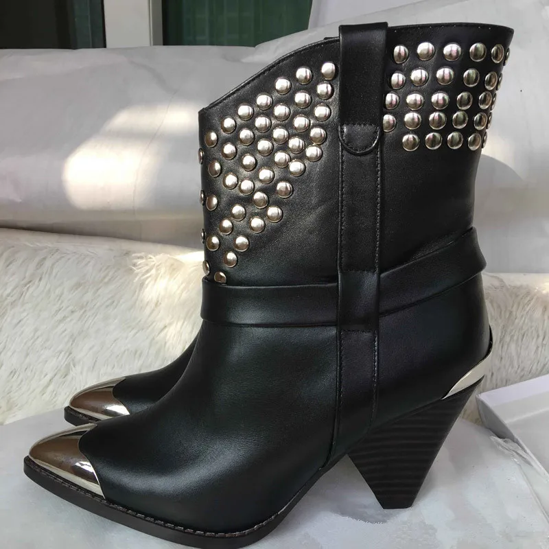 PU Black 2 Г., зимние кожаные женские ботильоны для верховой езды на шпильке обувь для подиума на необычном высоком каблуке 10 см с металлическим покрытием и острым носком большой размер - Цвет: PU Black 2