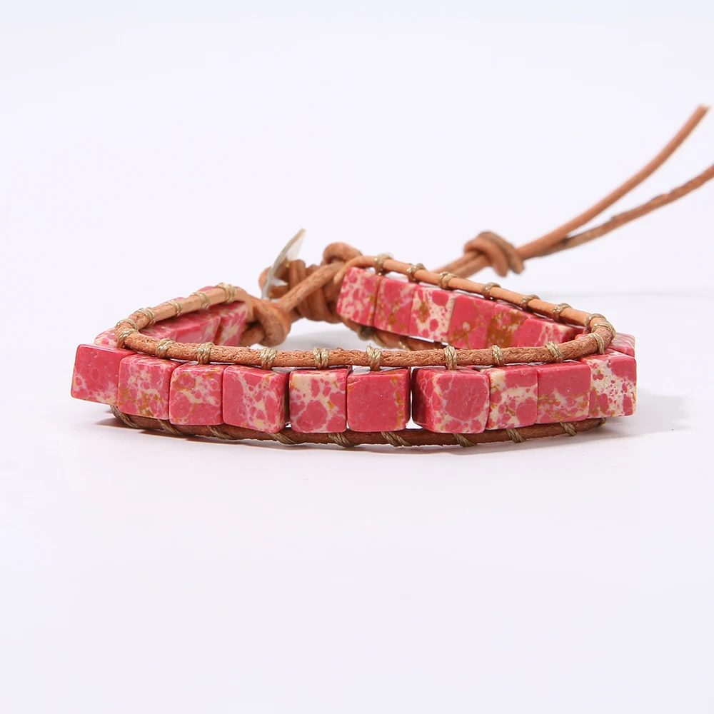 B-B0491-P SHINUS BOHO красочные кости форма натуральный камень один кожаный браслет обёрточная бумага полудрагоценный камень квадратный бисерный Браслет манжета - Окраска металла: B-B0491-P