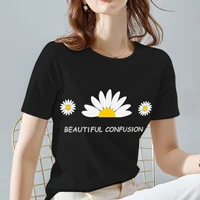 womens tshirt fashion commuter tops summer black classic all match daisy pattern print series short sleeve tee dropshipping