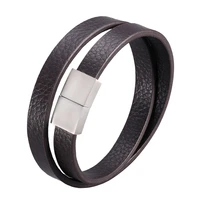 fashion stainless steel charm magnetic black brown men wrap bracelet leather bangle punk rock jewelry accessories friend sp1059