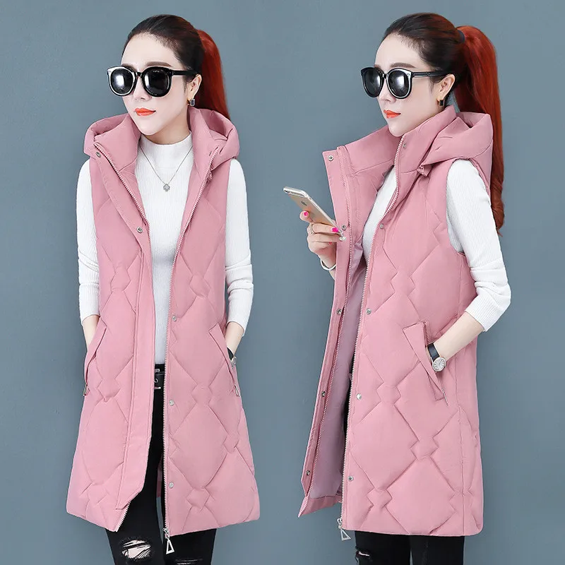 

2021 New Autumn Winter Mid-length Down Cotton Women's Vest Coat Solid Color Zipper Hooded Casual Waistcoat Ladies Vest Jacket