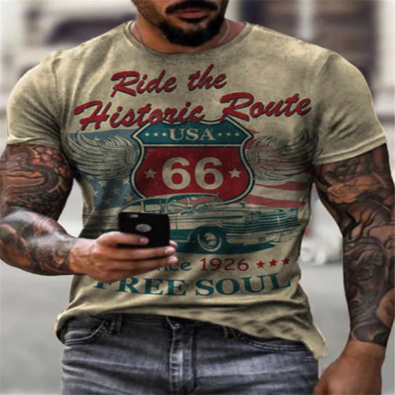 

Retro Men's 3d Printing 66 Road T-shirt Men's Loose Short-sleeved Shirt Breathable Harajuku Style Factory Direct Retro Men's