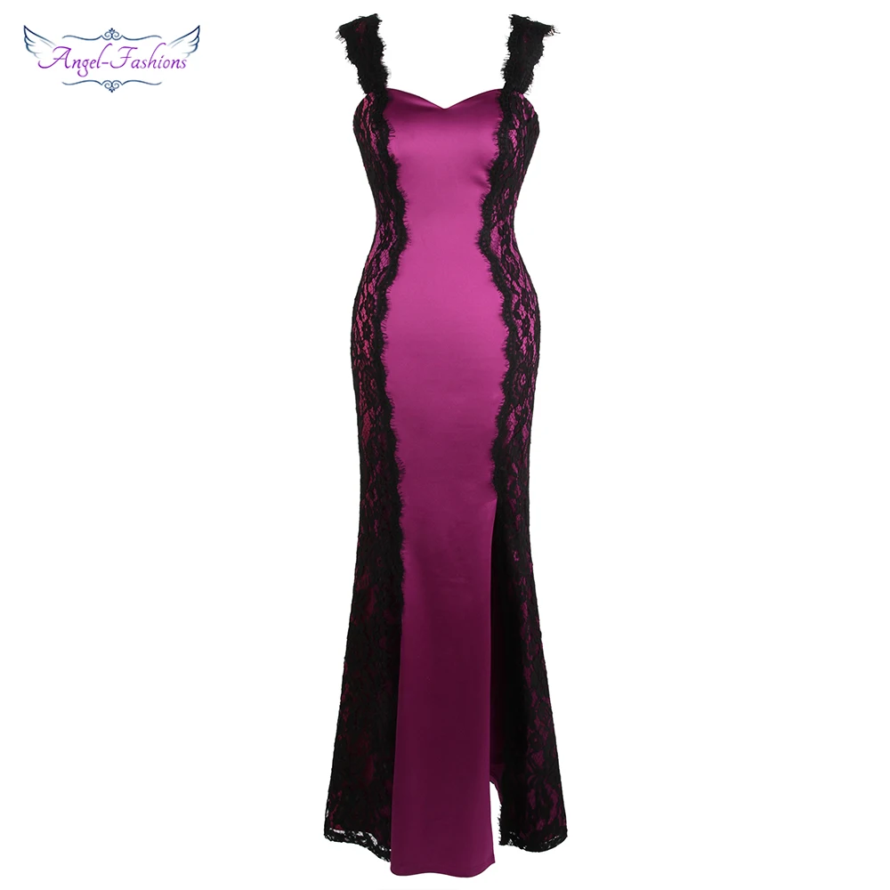 Женское кружевное атласное вечернее платье Angel fashions розовое длинное на бретелях
