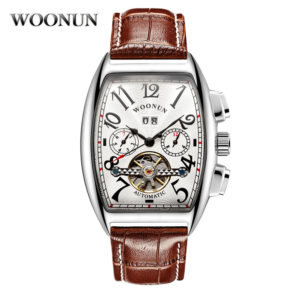 

Luxury Tourbillon Watches Men Watches Fashion Tonneau Dial Automatic Mechanical Watch montre homme Leather Band reloj hombre