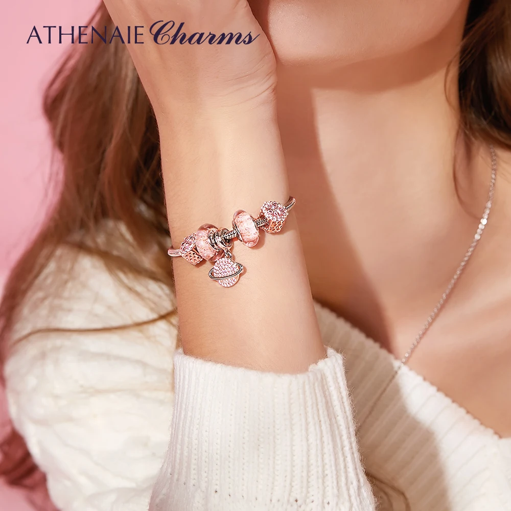 ATHENAIE, 925 пробы, серебряный, розовый, CZ, планета Сатурн, подвески, подвески, свисающие, подходят к оригинальному Шарму, браслеты, ожерелья для женщин