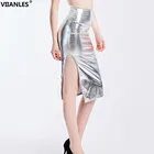 Юбка-карандаш VIIANLES из искусственной кожи с Боковым Разрезом, блестящая женская юбка с высокой талией, серебристого и черного цвета с высокой талией