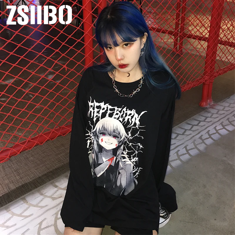Женская готическая толстовка с круглым вырезом Ulzzang Tumblr Kawaii Повседневная
