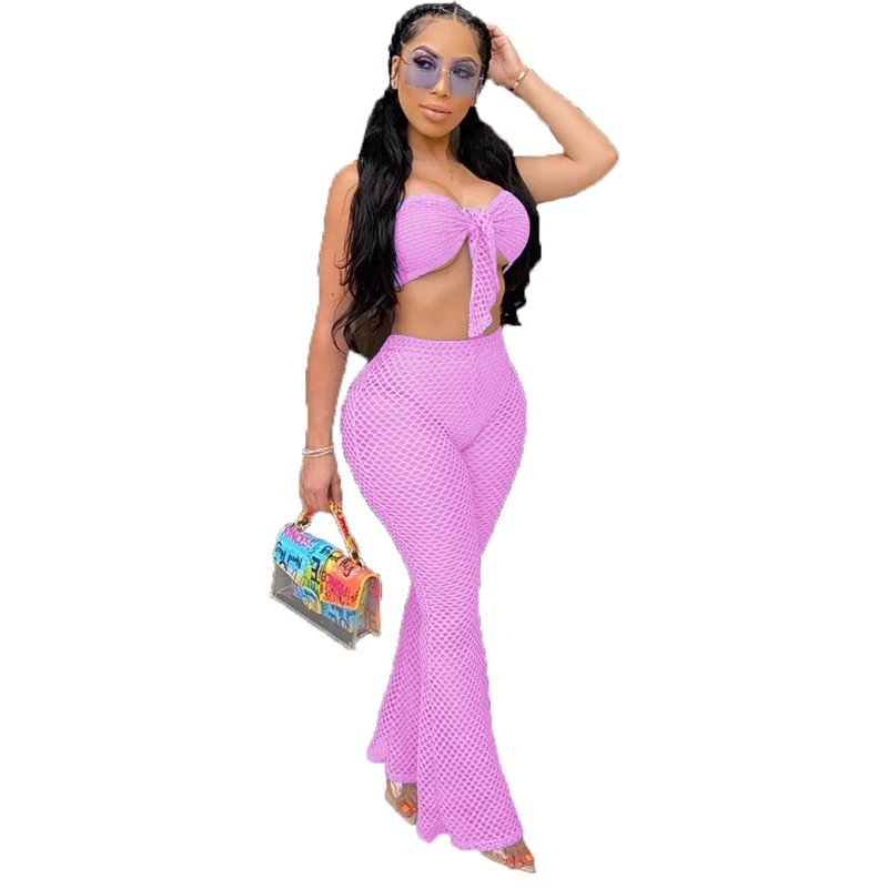 

Sexy See Through Mesh 2 Piece Set Women Summer 2021 Clubwear Crop Top And Flare Pants Two Piece Matching Sets ensemble femme