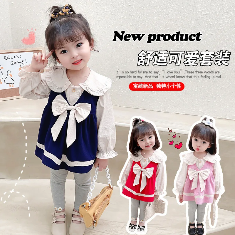 

Модный весенне-осенний Новый комплект одежды для маленьких девочек, детская большая жилетка с бантом, юбка + Однотонная рубашка + леггинсы, о...