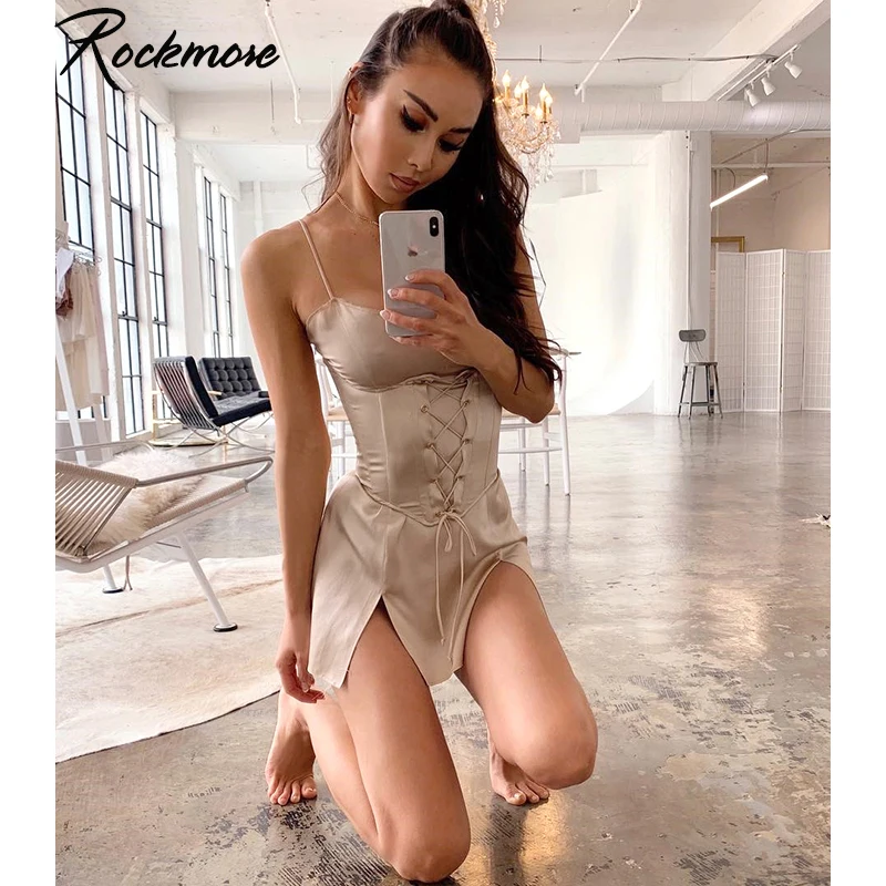 Rockmore атласная бретельках мини платье Женский крест накрест бандажный Разделение