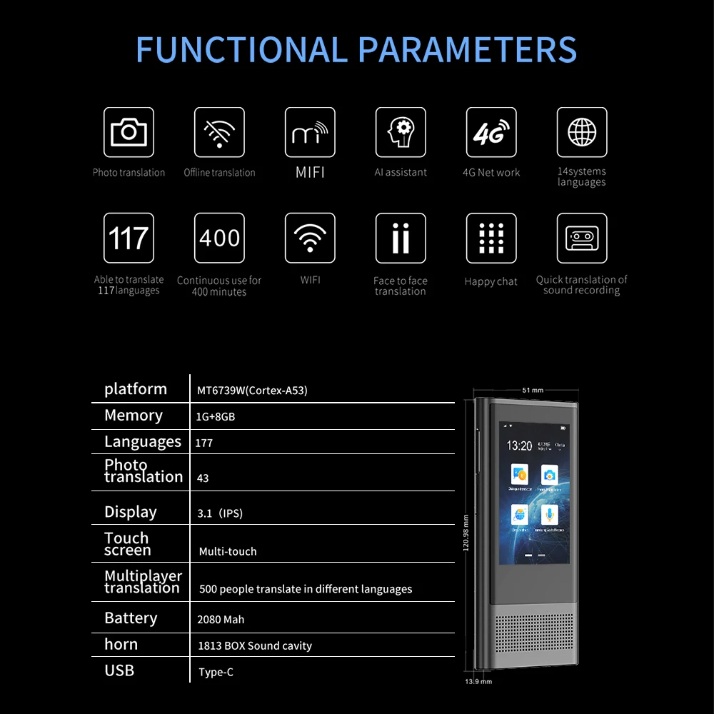 

Boeleo W1 3.0 AI Translator 117 Languages Portable Voice Device Smart Business Travel Arabic Learning Inter-Translation Machine