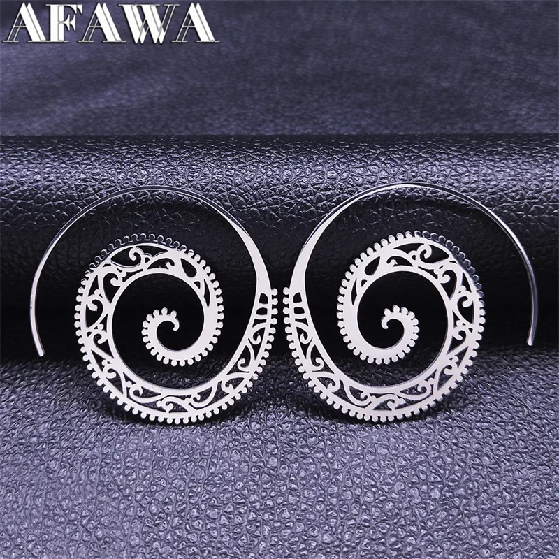 

2022 Flower Stainless Steel Big Round Earring for Women India Silver Color Bohemia Circle Earrings Jewelry bijoux femme E9339S01