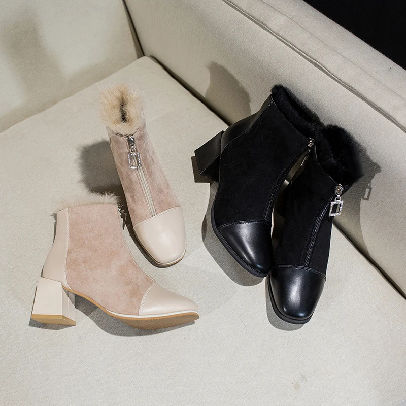 

Fashion Women Boots Comfortable Plush Warm Fur Ladies Ankle Boots Elegant High Heels Solid Color Convenient Zipper Female Boots