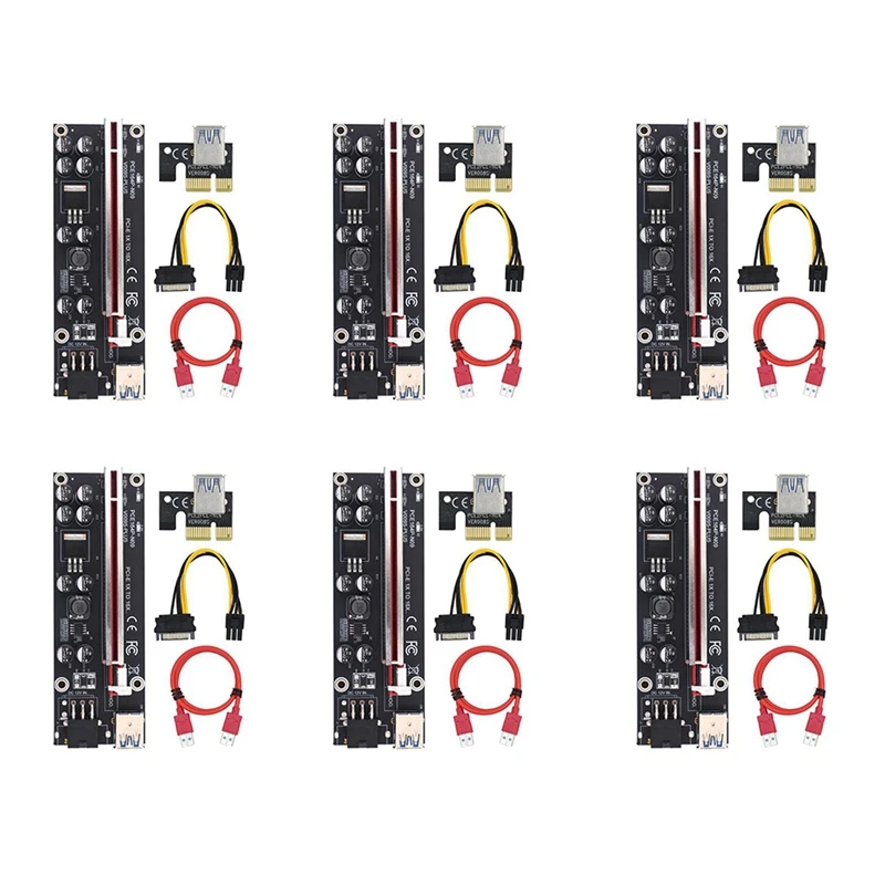 

6 ПАК VER009S Plus PCI-E Riser Card PCI Express 1X к 16X адаптеру с USB 3,0 кабелем SATA к 6Pin силовой кабель для майнинга