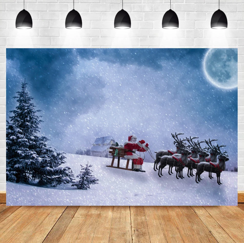 

Laeacco Winter Christmas Snow Landscape Reindeer Santa Claus Moon Photo Background Photographic Backdrop For Photo Studio