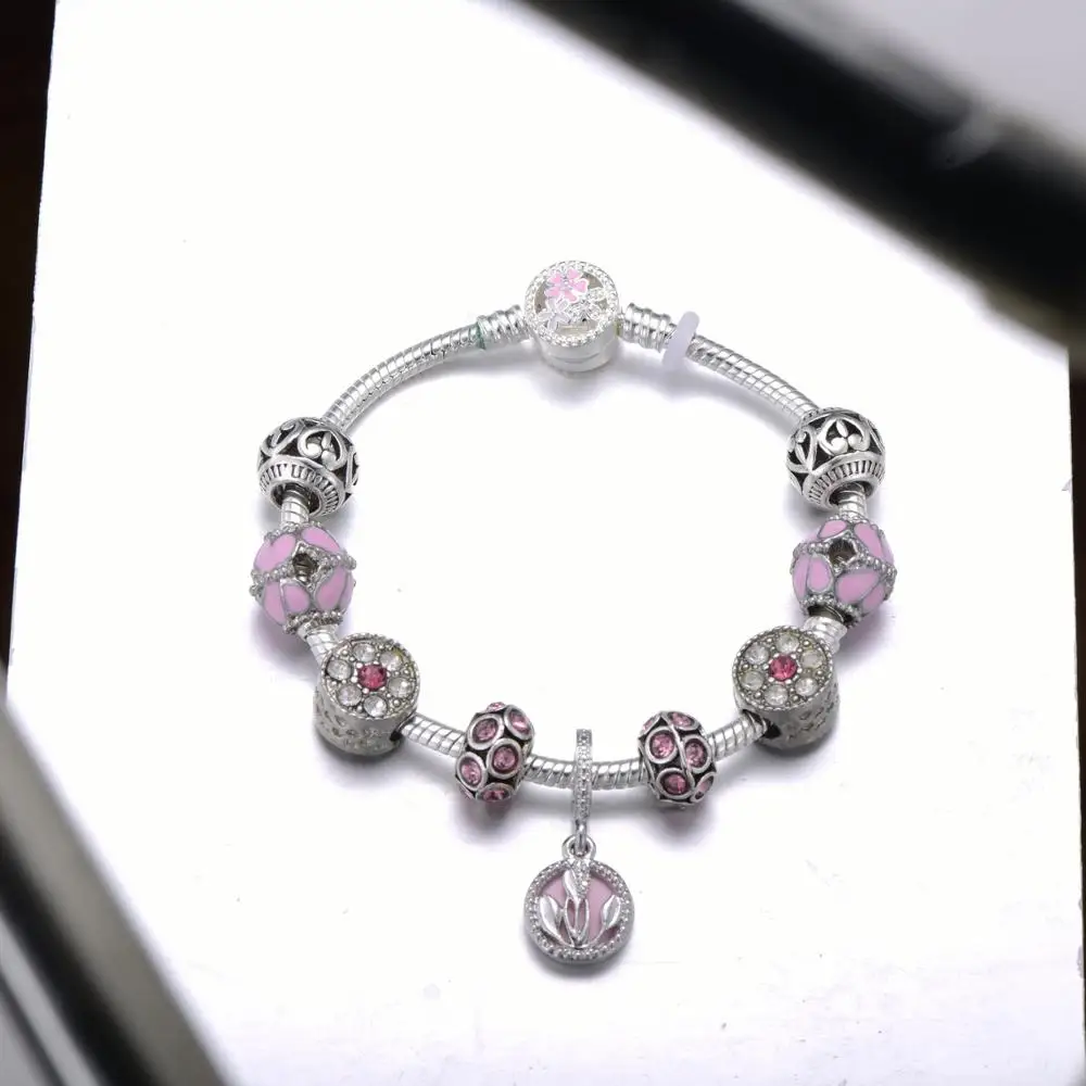 

Pink Tulip pendant Charm Bracelet Bangle With Butterfly Wing Beads Silver Plated Snake Chain Brand Bracelet For Women Jewelry