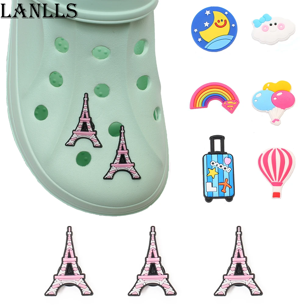 

1pcs Lovely clouds Shoe Charms Eiffel Tower Rainbow and Trunk Shoe Accessories Decoration Fit Croc Jibz Kids Party Gifts