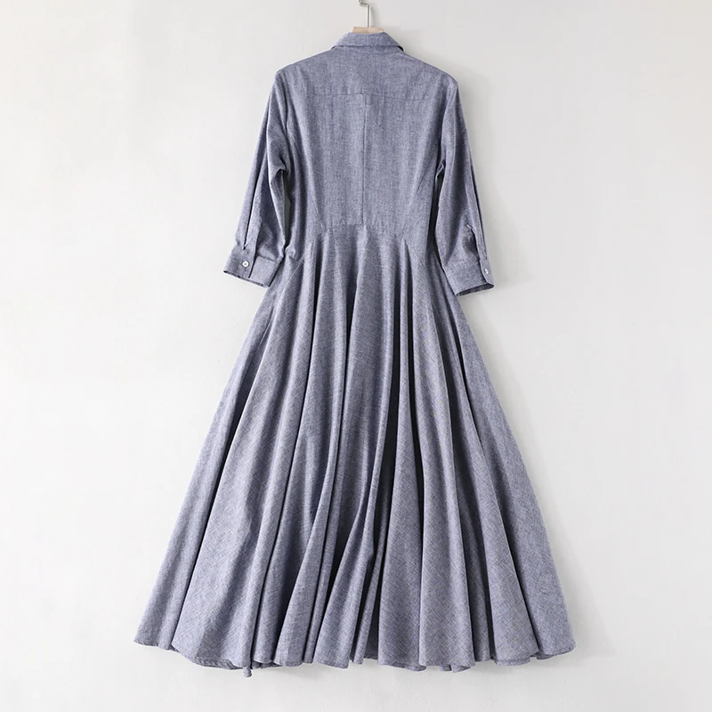 

Women Dress Fashion Leisure Spring Cotton And Linen Slim Lapel Long Single Breasted Cardigan Skirt Embroidered Collar