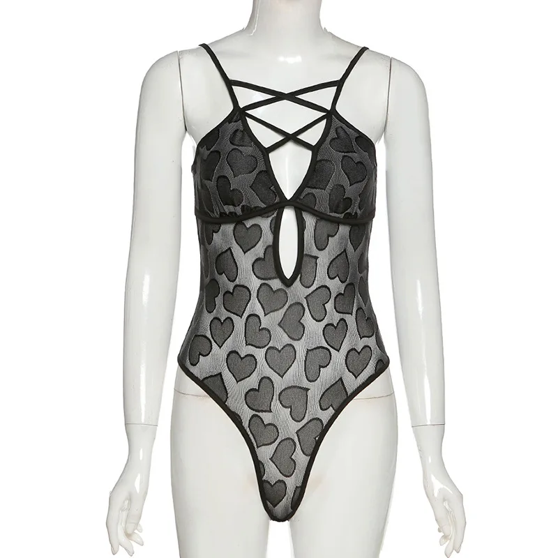 

Sexy Black Lace V Neck Hollow Out Night Club Bodysuit Straped Backless Lace Up Bandage Slim Woman Spring Fashion Bodysuits