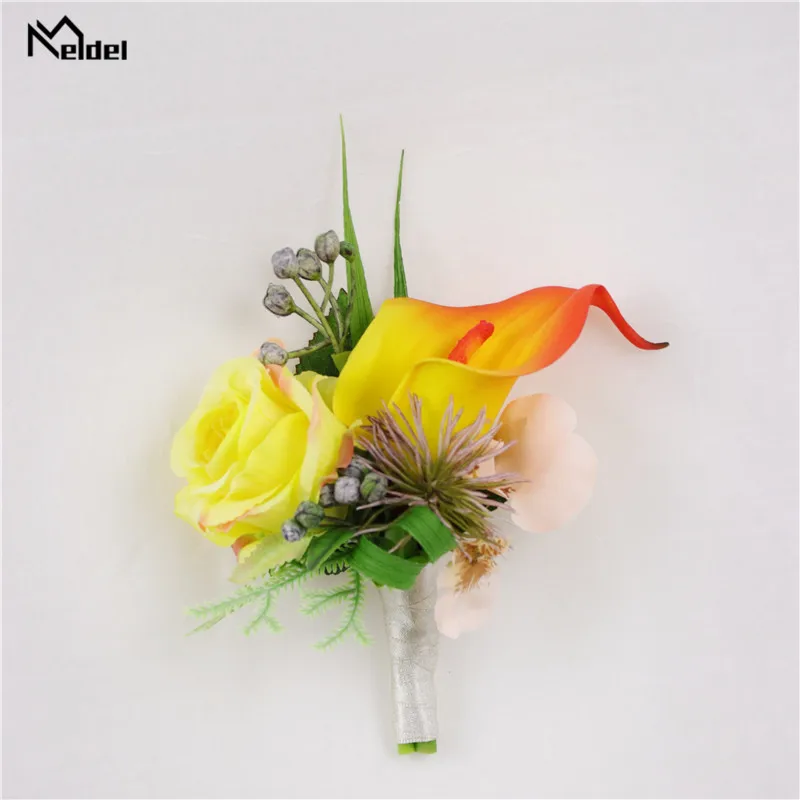 Meldel Silk Rose Calla Wedding Corsages and Groom Boutonnieres Bridesmaids Wrist Bracelets Marriage Party Prom Men Suit Flowers |