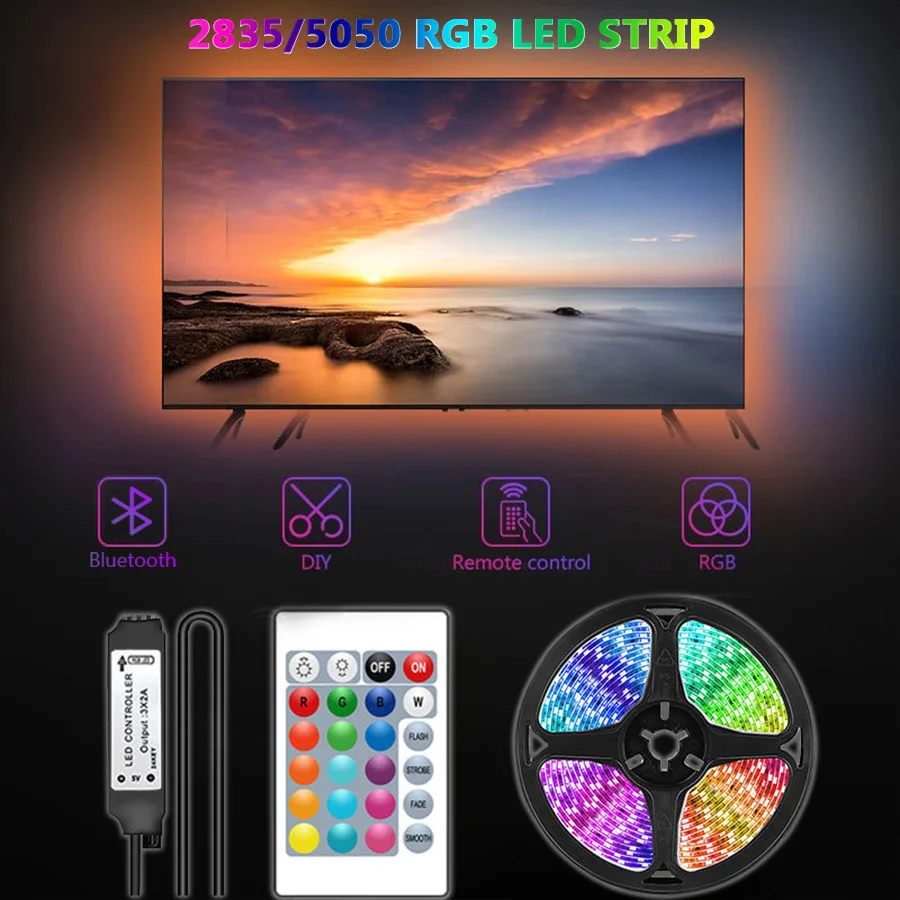 USB LED Strip Lights DC 5V 2835 5050 RGB Lamp Tape Bluetooth Control 3 Key IR Remote Control For Festival Room Luces Computer TV