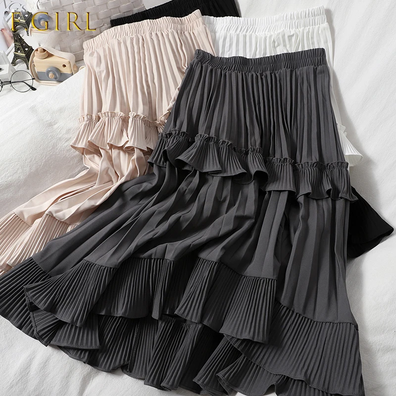 

2021 New Autumn Pleated Skirt High Waist Irregular Hem Flouncing Women Long Skirts Women Fashion Faldas Jupe Femme