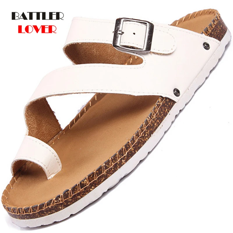 

New Summer Men Beach Cork Slipper Flip Flops Sandals Mens Casual Slides Shoes Flat with Cow Leather Sandalies Plus Size 35-45
