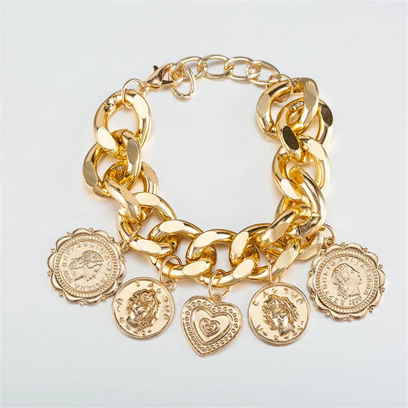 Big Gold Bracket Punk Chain Coins Retro Jewelry Female Personality Relief Portrait Geometric Bracelets HipHop 2019 Man | Украшения и