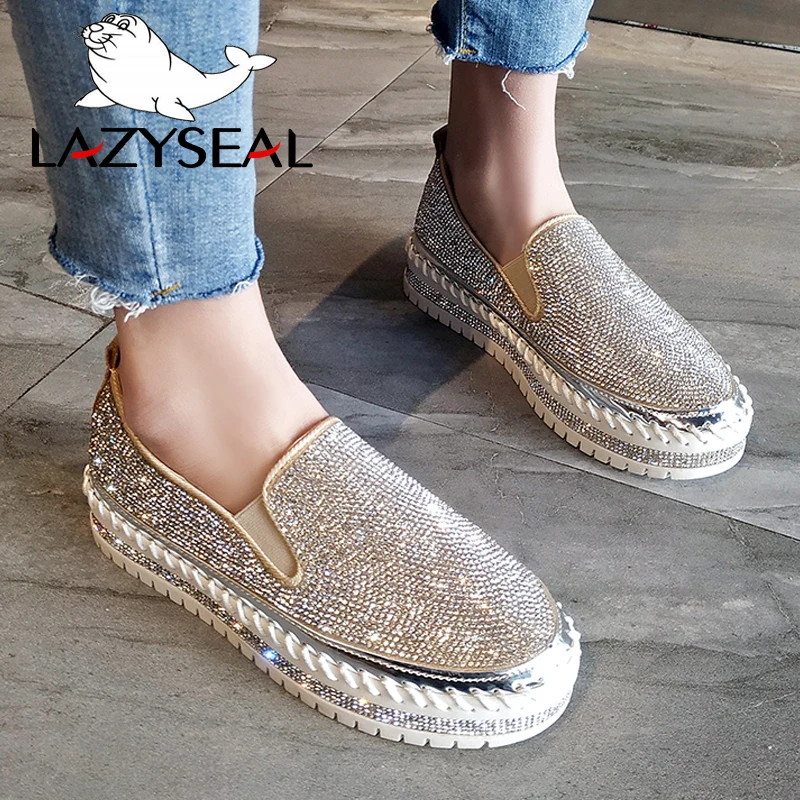 LazySeal с украшением в виде кристаллов бриллиантов Женские туфли-лодочки с украшениями женская обувь Стразы Женская повседневная обувь на платформе с круглыми носками без шнуровки