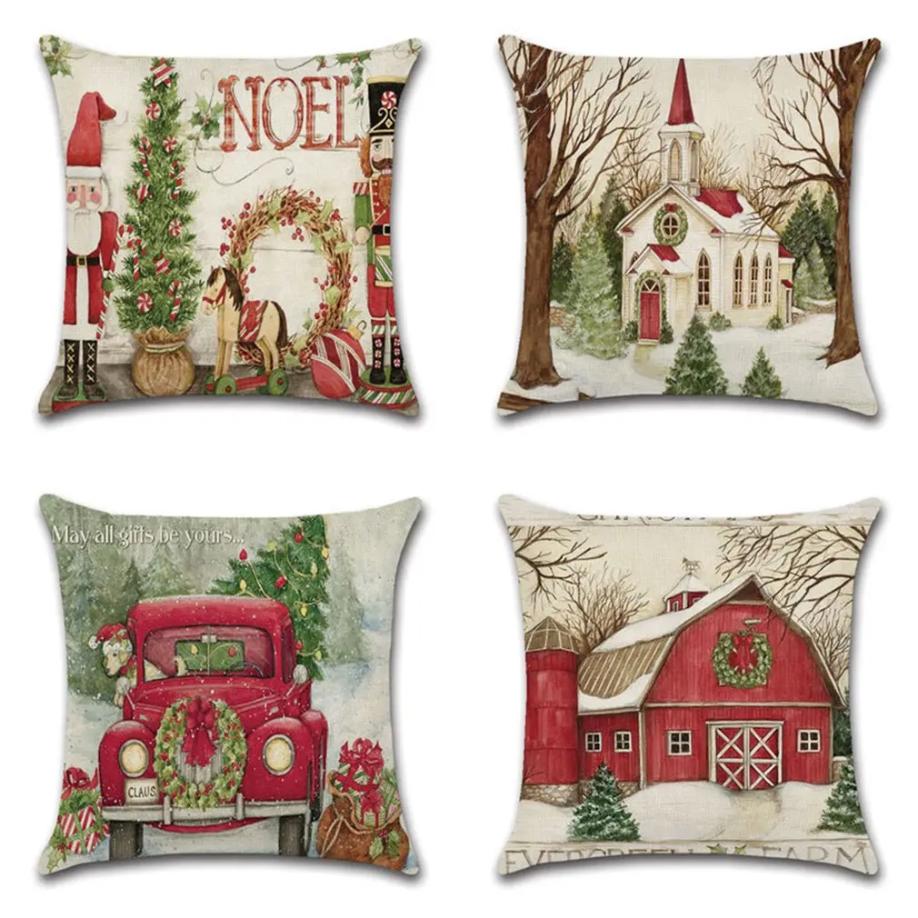 

4pcs/set Christmas Decoration Cushion Set Santa Claus Sofa Pillowcase Holiday Decoration Pillowcase Linen Pillowcase 45cmx45cm