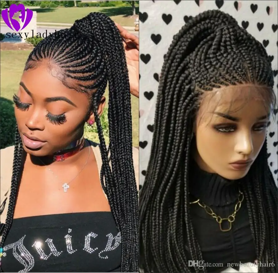 

Black Color Lace Frontal Cornrow Braids Wig Micro Box Braids Wig Africa American Women Style Synthetic Braids Wig Lace Front