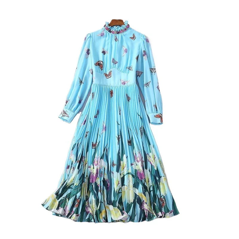 

AELESEEN Pre-Spring Women Chiffon Dress Runway Fashion Blue Yellow Beading Diamonds Ruffled Flower Butterfly Print Pleated Dress