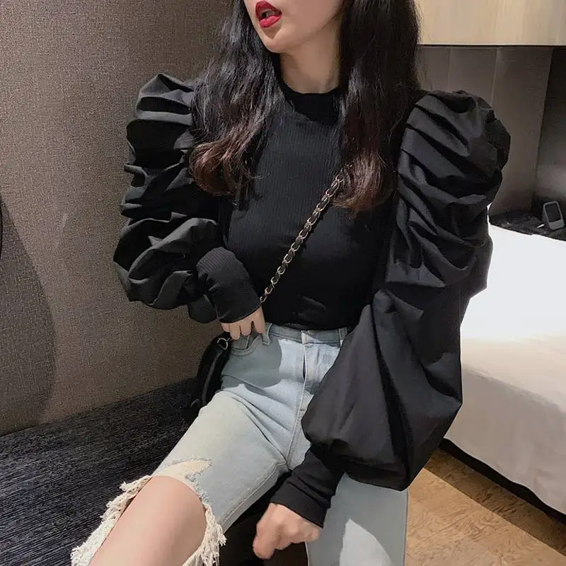Korean O Neck Puff Long Sleeve Design Blouse Women Patchwork Knitted Slim Fit Short Blusas Autumn Spring 2020 New Shirt