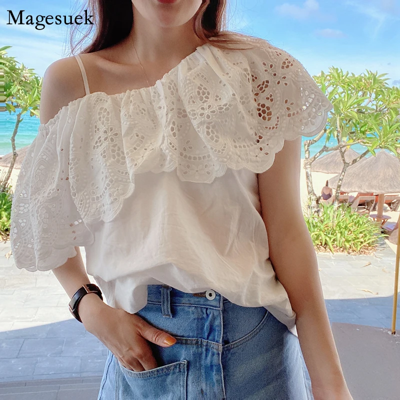 

White Off Shoulder Women Blouses Summer 2021 New Lace Ruffles Crochet Slash Neck Women's Tops Oversized Sexy Female Shirts 15401