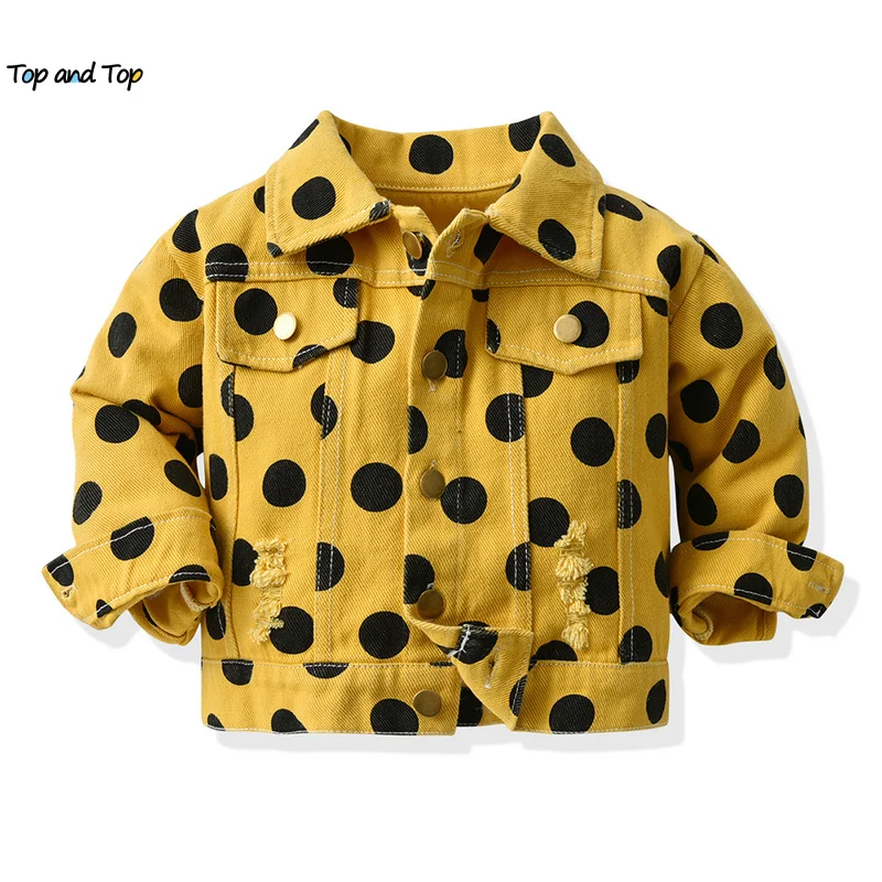 

top and top Kids Baby Girls Denim Jacket Coats Children Boys Dots Pattern Buttons Ripped Tops Outerwear Little Girls Clothes