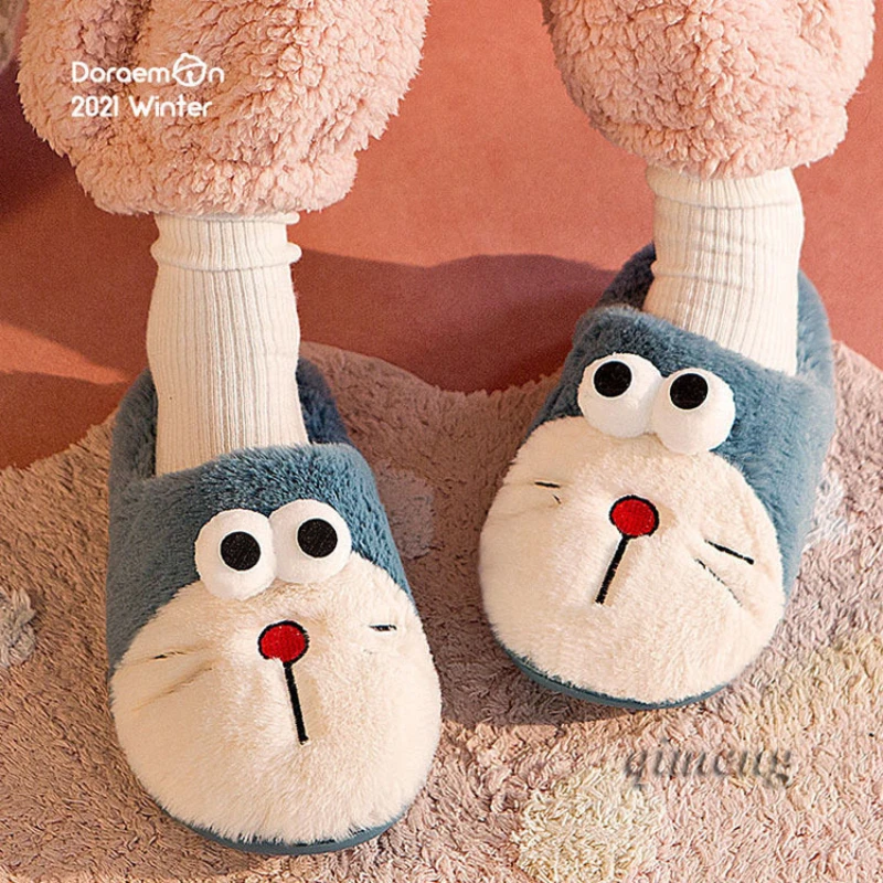

New Slippers for Men Women Fur Slides Unisex Doraemon Plush Shoes Man Casual Winter Home Wear