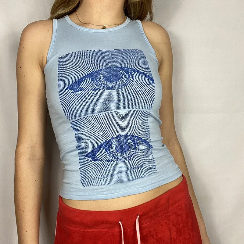 

2021 New Vintage Eye Print Y2K Harajuku Tops Casual Crewneck Cotton Cute Tank Tops Printing Summer Aesthetic Vest Tee Streetwear
