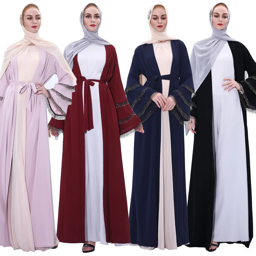 

Muslim Dress Cardigan New Handmade Colorful Tube Beaded Muslim Fashion Women Dress Kimono Horn Sleeves Abaua Dubai Turkey Belt