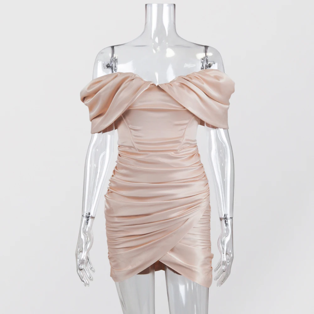 

Off the Shoulder Ruched Mini Dress Summer Fashion Christmas Celebrity Satin Pink Birthday Club Outfits Women Sexy Party Dress