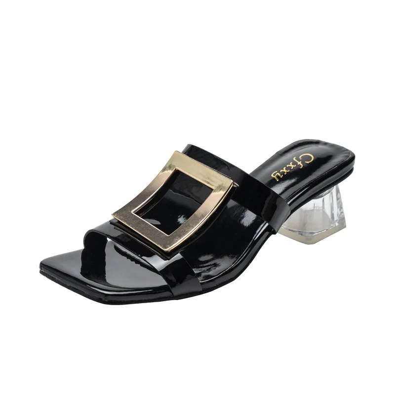 

Slippers Women Summer Slides Square Toe Block Heel Shoes Rivet Low Transparent PU Fabric Basic Bling Hoof Transparent Slippers L
