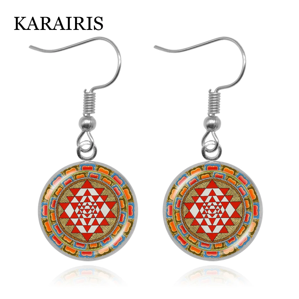 

KARAIRIS Fashion Sacred Geometry Sri Yantra Dangle Earrings Crystal Cabochon Buddhist Earrings Sri Yantra High Quality Jewelry