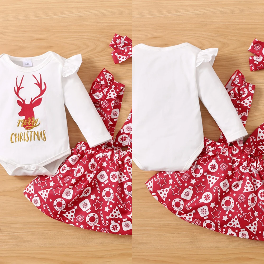 

Newborn Girl Skirt Set For Christmas Party Ruffle Baby Outfits For Girl 3 Piece Clothes Romper + Skirt + Belt