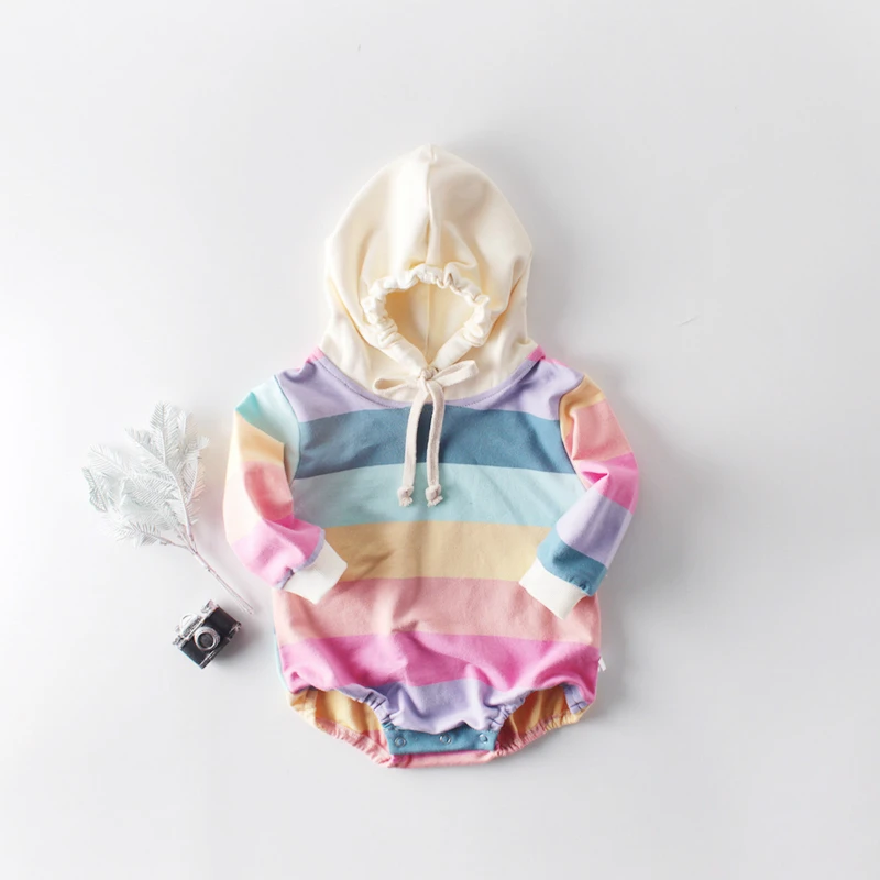 

Newborn Baby Girls Boys Clothes Infant Long Sleeves Fall Winter Bodysuits Rainbow Striped Hooded Rompers Toodler Cotton Playsuit